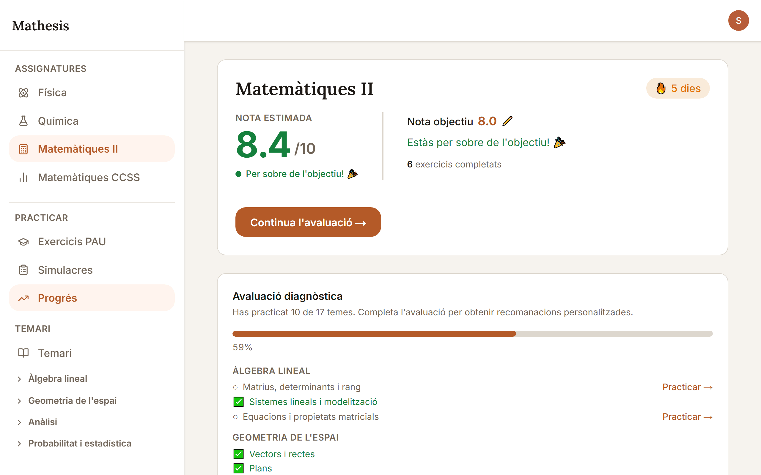 Dashboard de progrés amb nota estimada i recomanacions