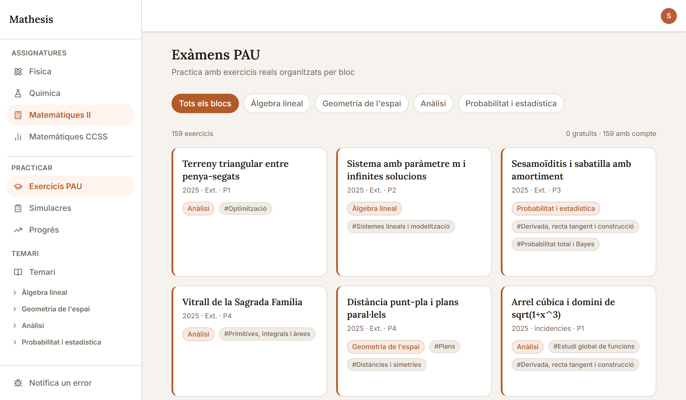 Catàleg d'exercicis PAU — practica amb problemes oficials